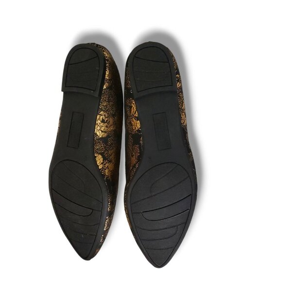 Women's Ballet Flat Black & Gold Floral Flats - Pointed-Toe, Size 9, Like New - Picture 7 of 9